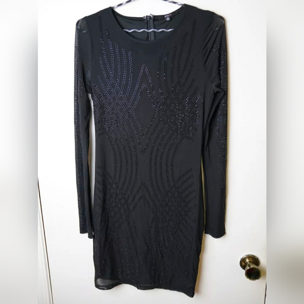 Blashe Black Long Sleeve Sequin Dress w/ Lace Shell & Geometric Pattern, Knee